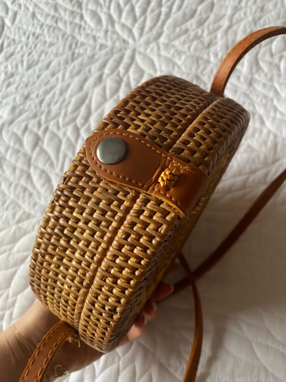 Hand Woven Rattan + Leather Crossbody Bag - Picture 6 of 8